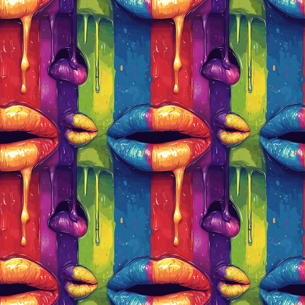 Colorful digital art depicting lips with multicolored dripping paint on a vibrant striped background, repeated in a seamless pattern.
