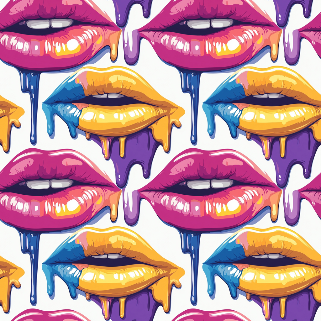 Colorful abstract pattern of glossy lips. Lips are in various hues of pink, yellow, and blue, with dripping paint effect on a white background. Repeated seamless design.