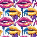 Colorful abstract pattern of glossy lips. Lips are in various hues of pink, yellow, and blue, with dripping paint effect on a white background. Repeated seamless design.