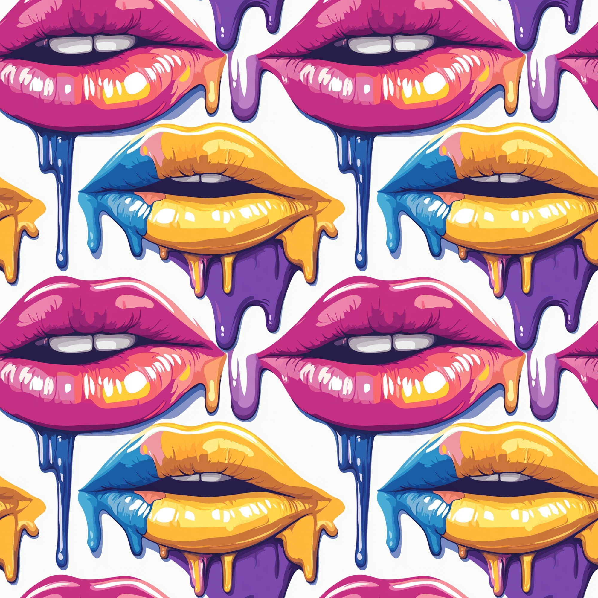 Colorful abstract pattern of glossy lips. Lips are in various hues of pink, yellow, and blue, with dripping paint effect on a white background. Repeated seamless design.
