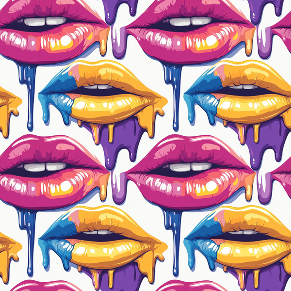 Colorful abstract pattern of glossy lips. Lips are in various hues of pink, yellow, and blue, with dripping paint effect on a white background. Repeated seamless design.