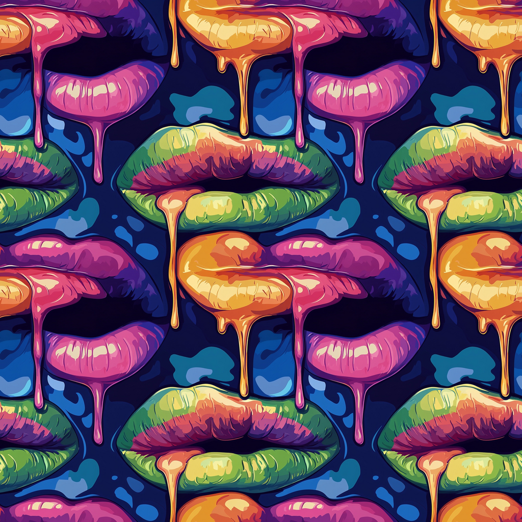Colorful pattern of lips with dripping paint in vibrant neon hues, set against a dark background.