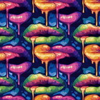 Colorful pattern of lips with dripping paint in vibrant neon hues, set against a dark background.