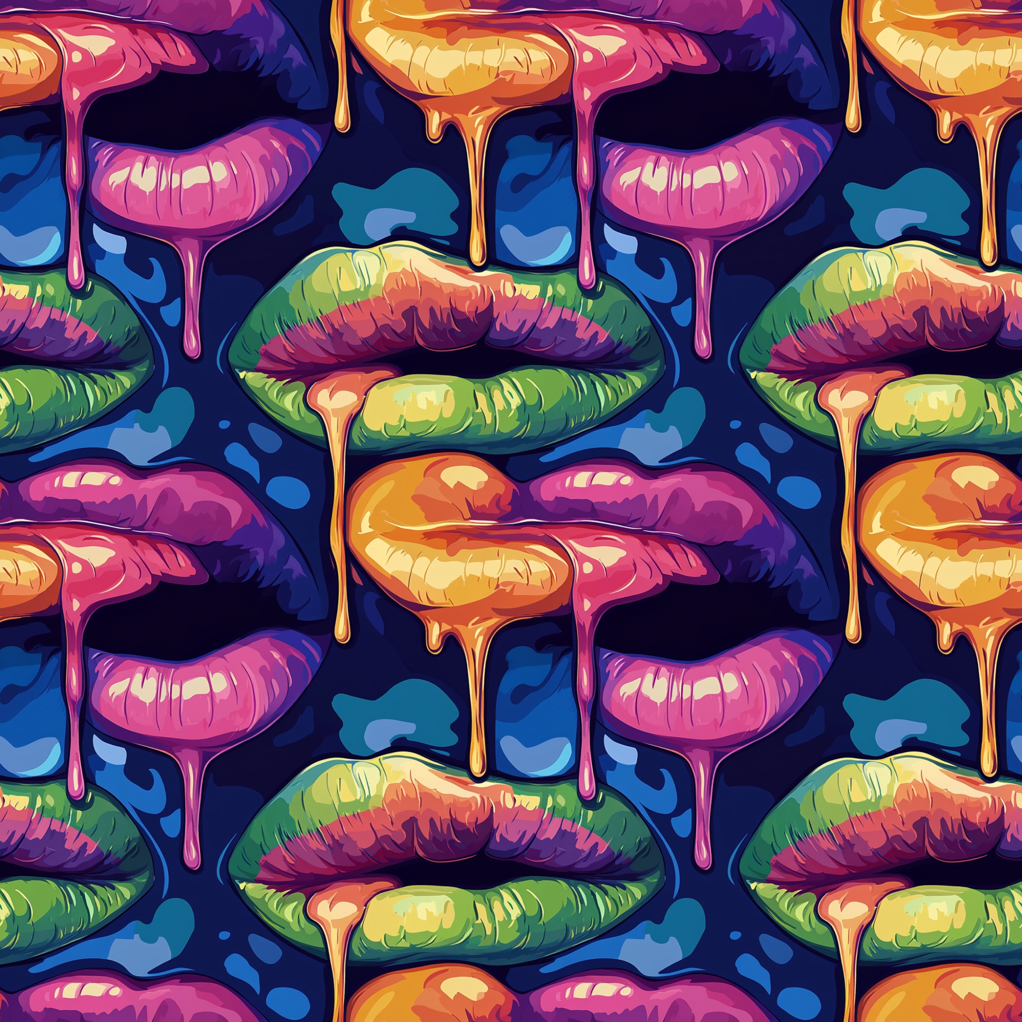 Colorful pattern of lips with dripping paint in vibrant neon hues, set against a dark background.