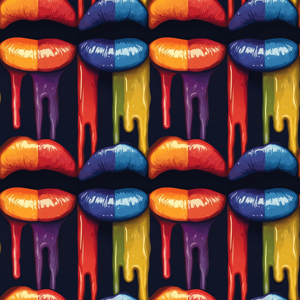 Pattern of colorful lips with rainbow paint dripping on a dark background.