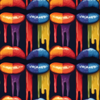 Pattern of colorful lips with rainbow paint dripping on a dark background.