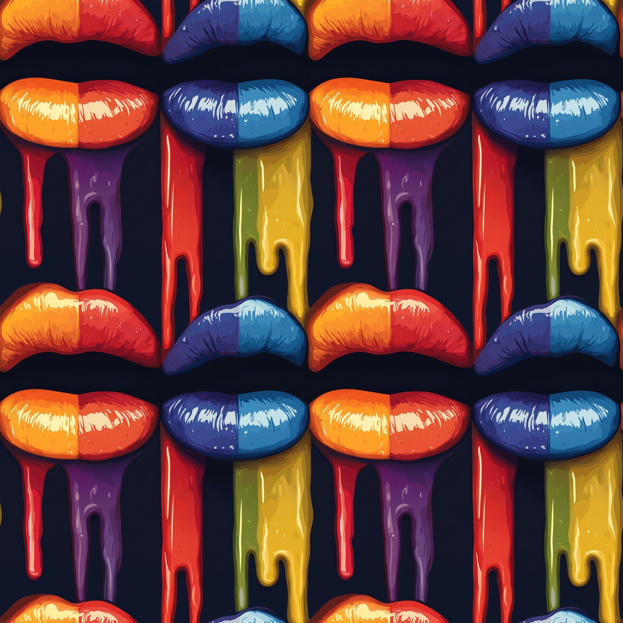 Pattern of colorful lips with rainbow paint dripping on a dark background.