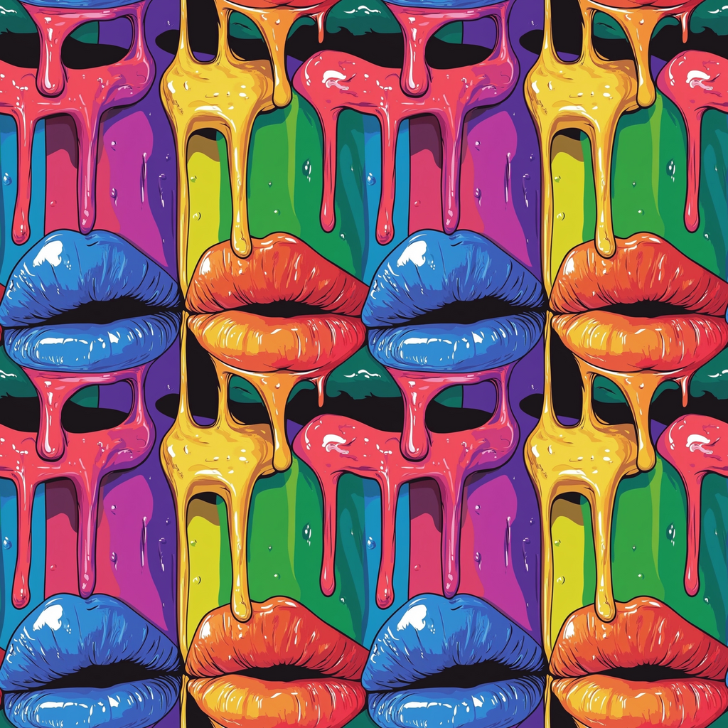 A colorful pattern featuring lips in various shades with paint dripping above them. The background displays vertical stripes in vibrant rainbow colors.