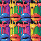 A colorful pattern featuring lips in various shades with paint dripping above them. The background displays vertical stripes in vibrant rainbow colors.
