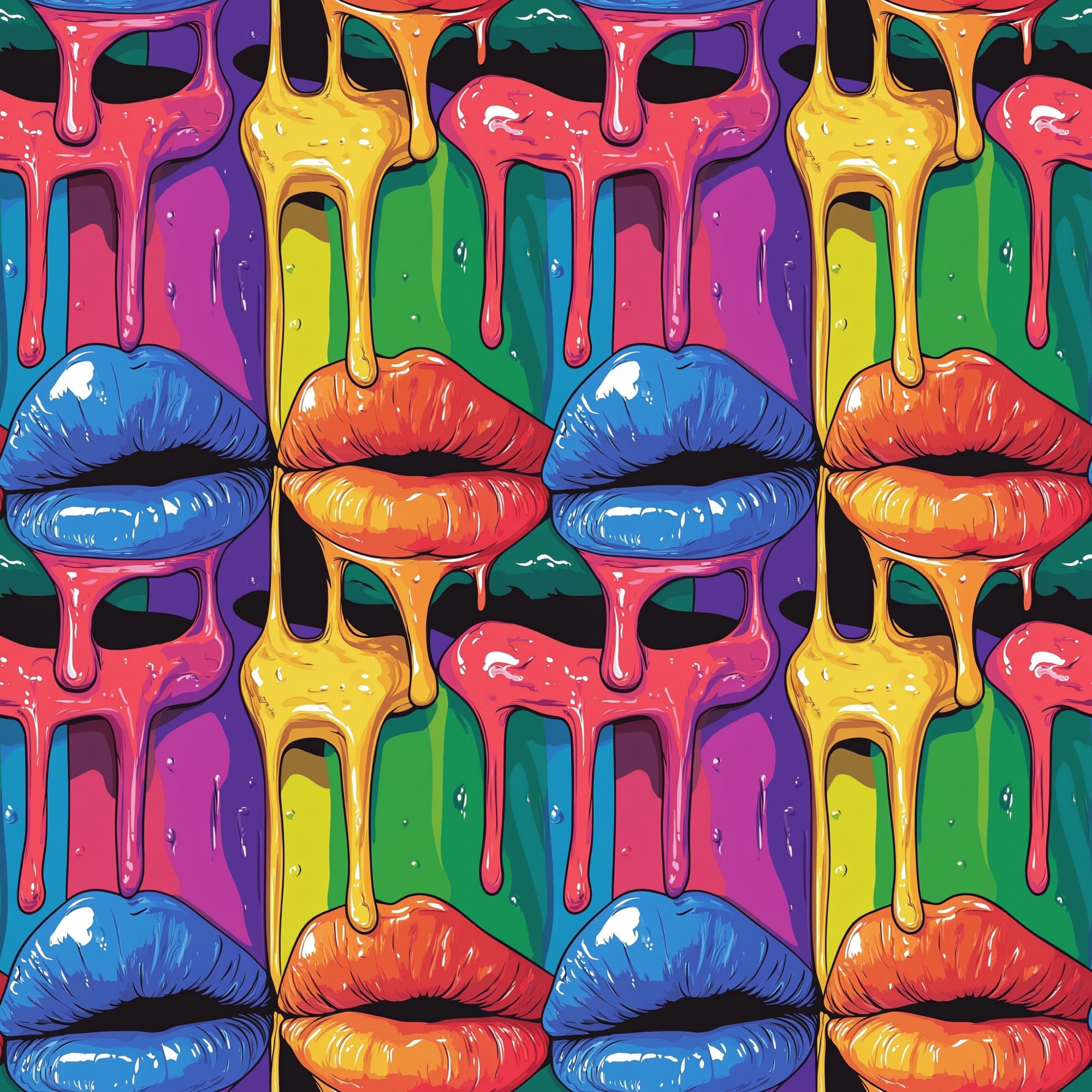 A colorful pattern featuring lips in various shades with paint dripping above them. The background displays vertical stripes in vibrant rainbow colors.