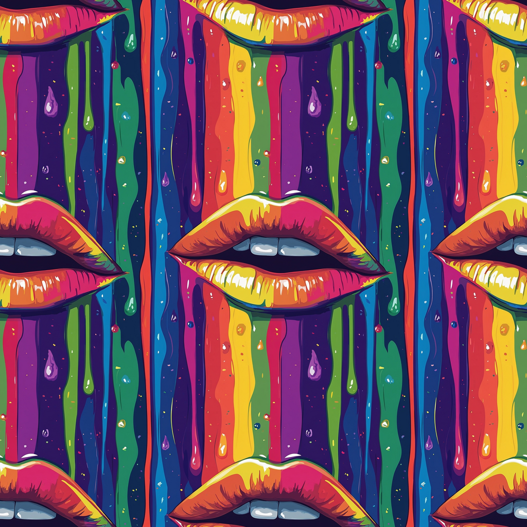Repeated pattern of glossy lips against a vibrant, dripping rainbow background.