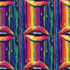 Repeated pattern of glossy lips against a vibrant, dripping rainbow background.