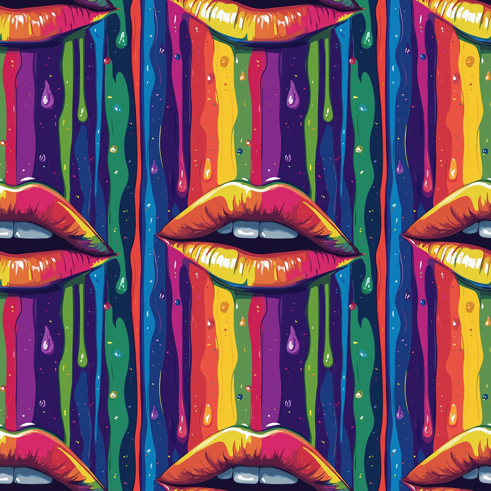 Repeated pattern of glossy lips against a vibrant, dripping rainbow background.