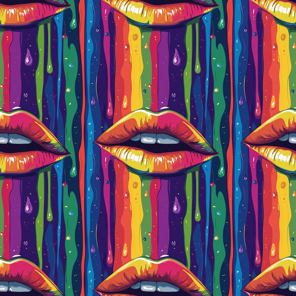 Repeated pattern of glossy lips against a vibrant, dripping rainbow background.