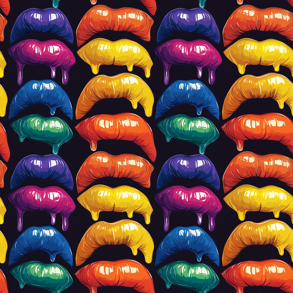 Pattern of colorful, glossy lips with dripping effect, arranged in alternating rows on a black background.