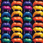 Pattern of colorful, glossy lips with dripping effect, arranged in alternating rows on a black background.