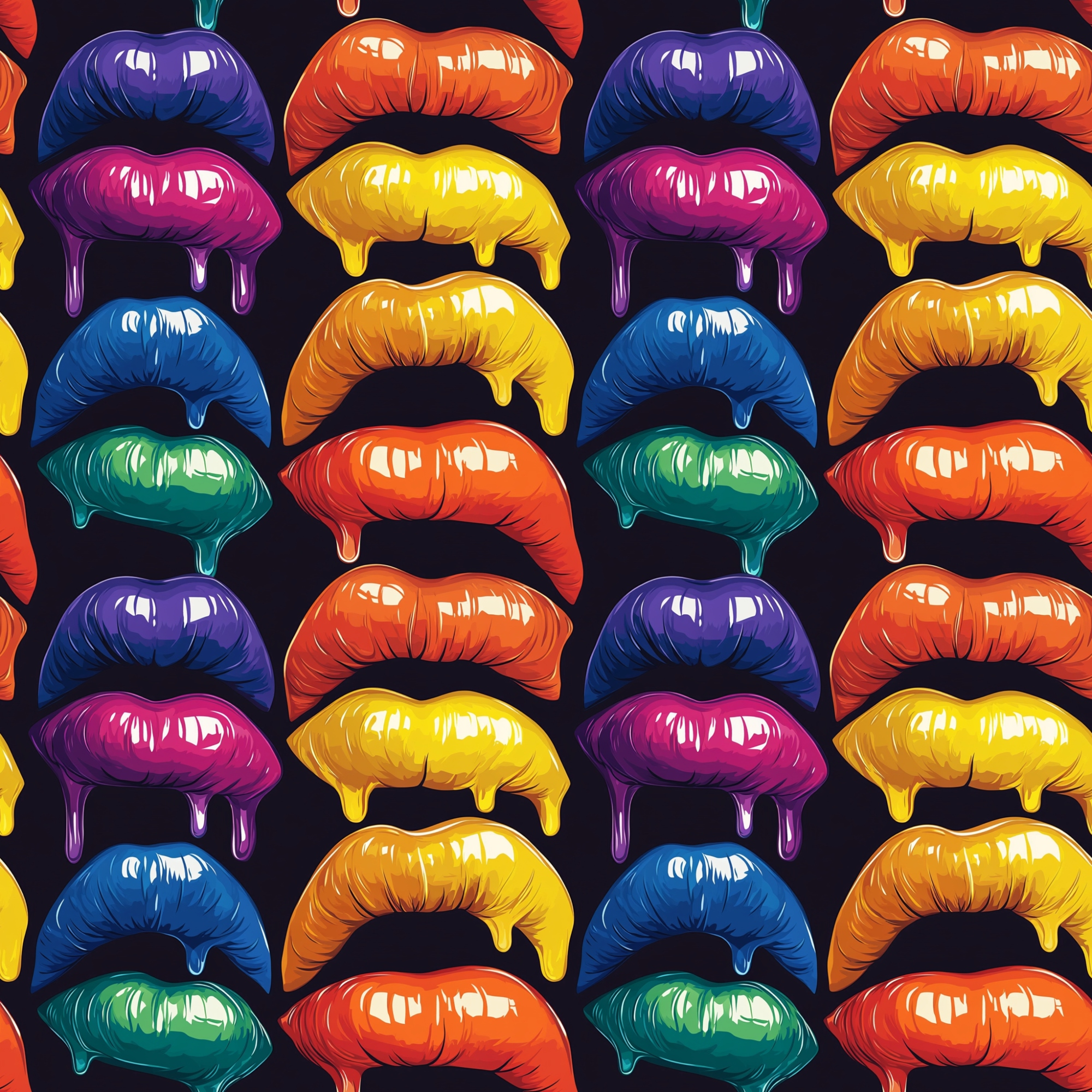 Pattern of colorful, glossy lips with dripping effect, arranged in alternating rows on a black background.