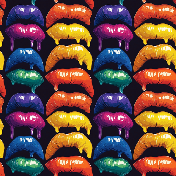Pattern of colorful, glossy lips with dripping effect, arranged in alternating rows on a black background.
