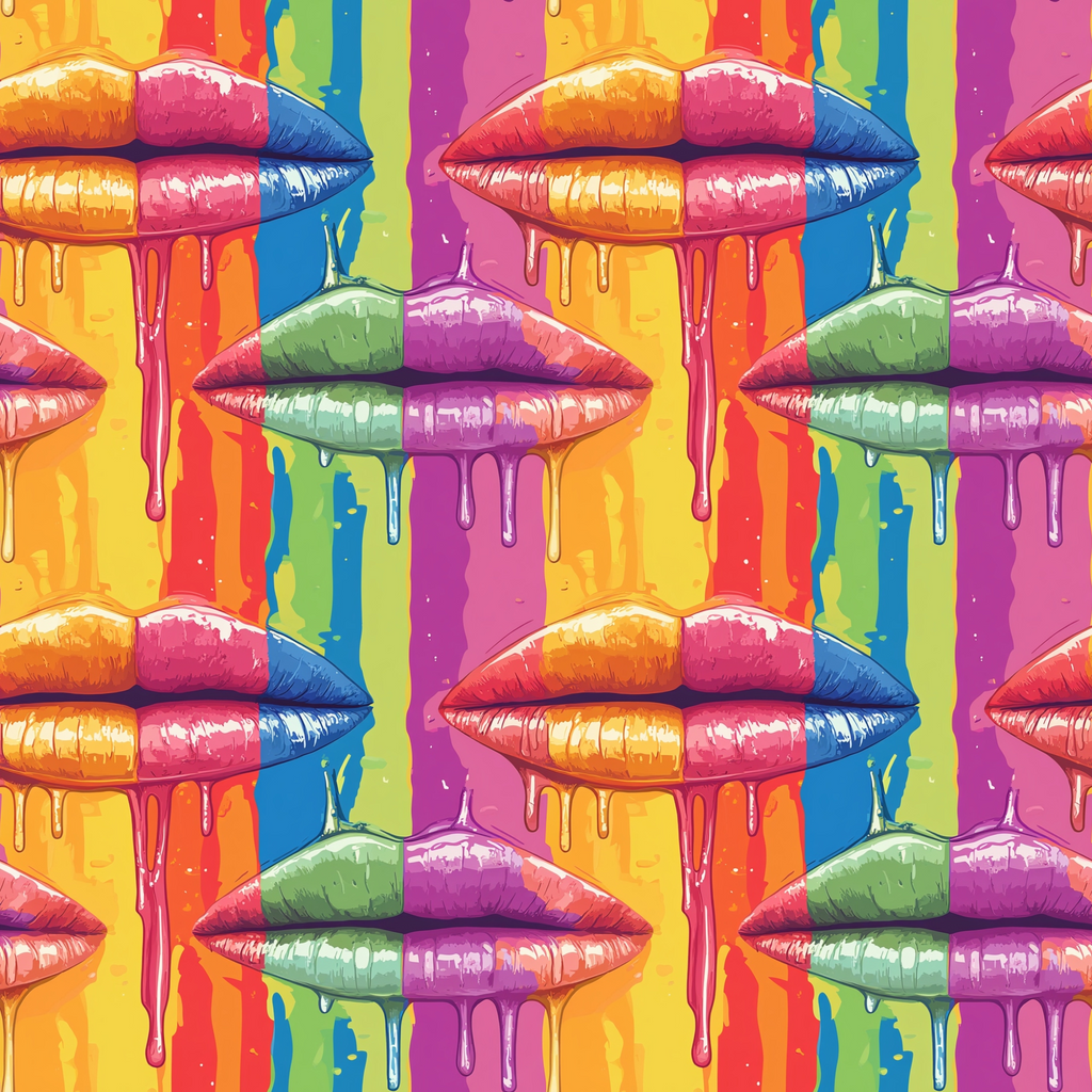 Colorful illustration of glossy lips with dripping paint, arranged in a repeating pattern against a rainbow-striped background.