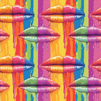 Colorful illustration of glossy lips with dripping paint, arranged in a repeating pattern against a rainbow-striped background.
