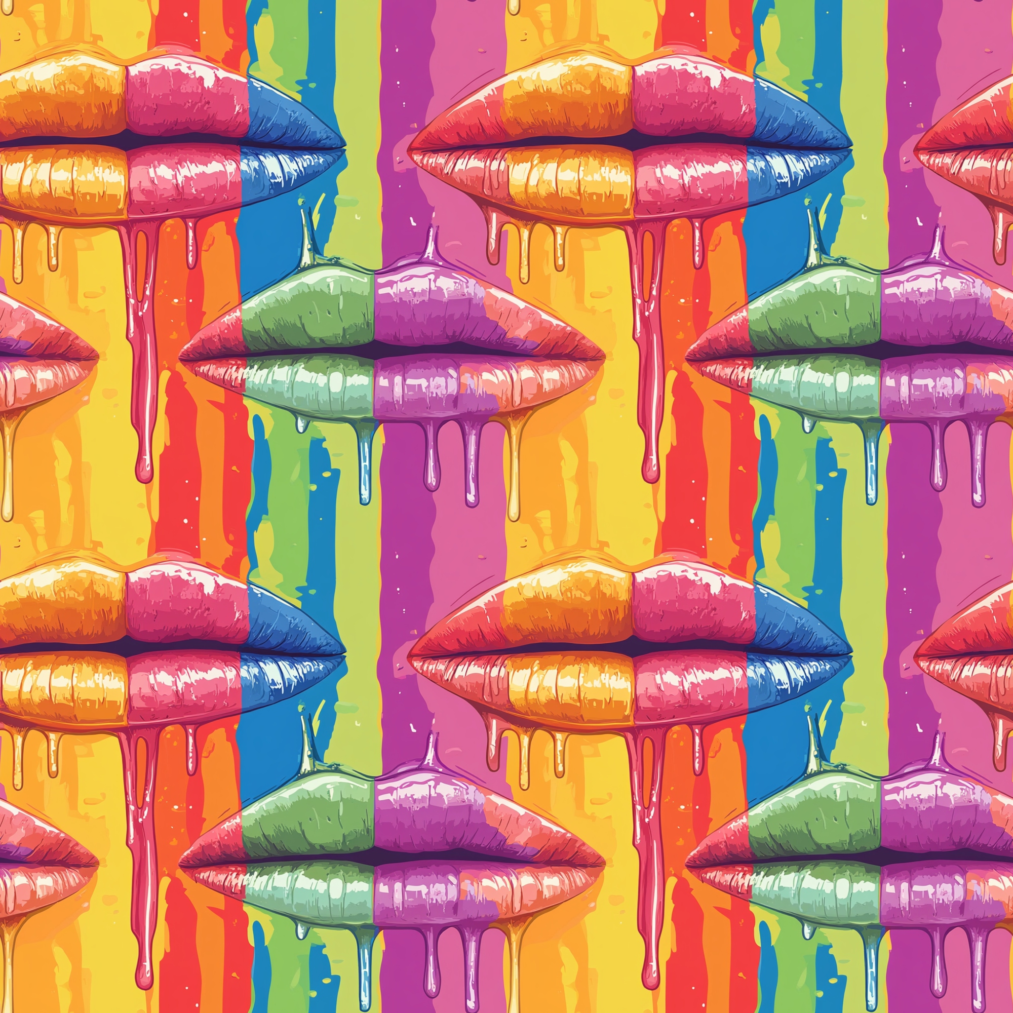 Colorful illustration of glossy lips with dripping paint, arranged in a repeating pattern against a rainbow-striped background.