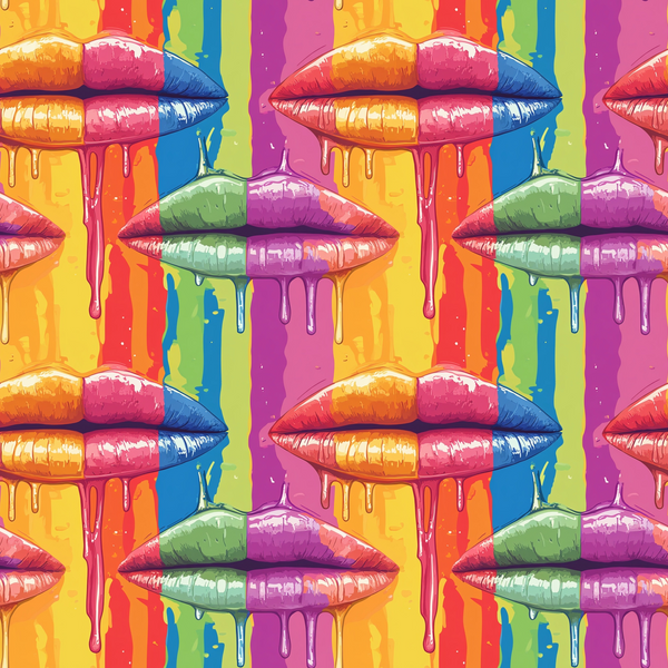Colorful illustration of glossy lips with dripping paint, arranged in a repeating pattern against a rainbow-striped background.