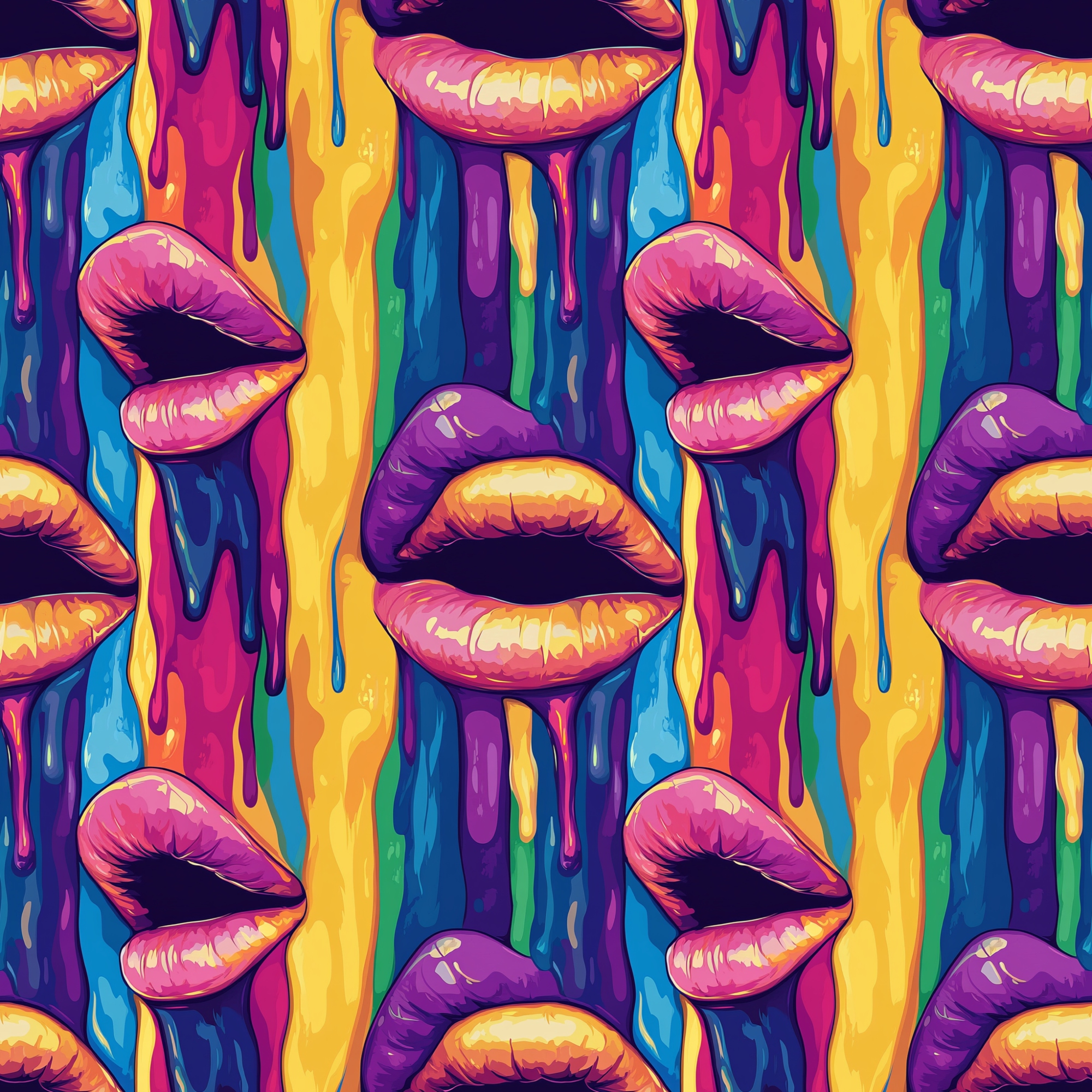 Colorful pattern of dripping rainbow-colored lips.