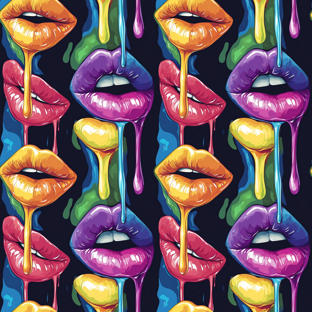 Colorful lips and drips pattern with vibrant hues of purple, pink, orange, yellow, green, and blue against a dark background.