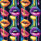 Colorful lips and drips pattern with vibrant hues of purple, pink, orange, yellow, green, and blue against a dark background.
