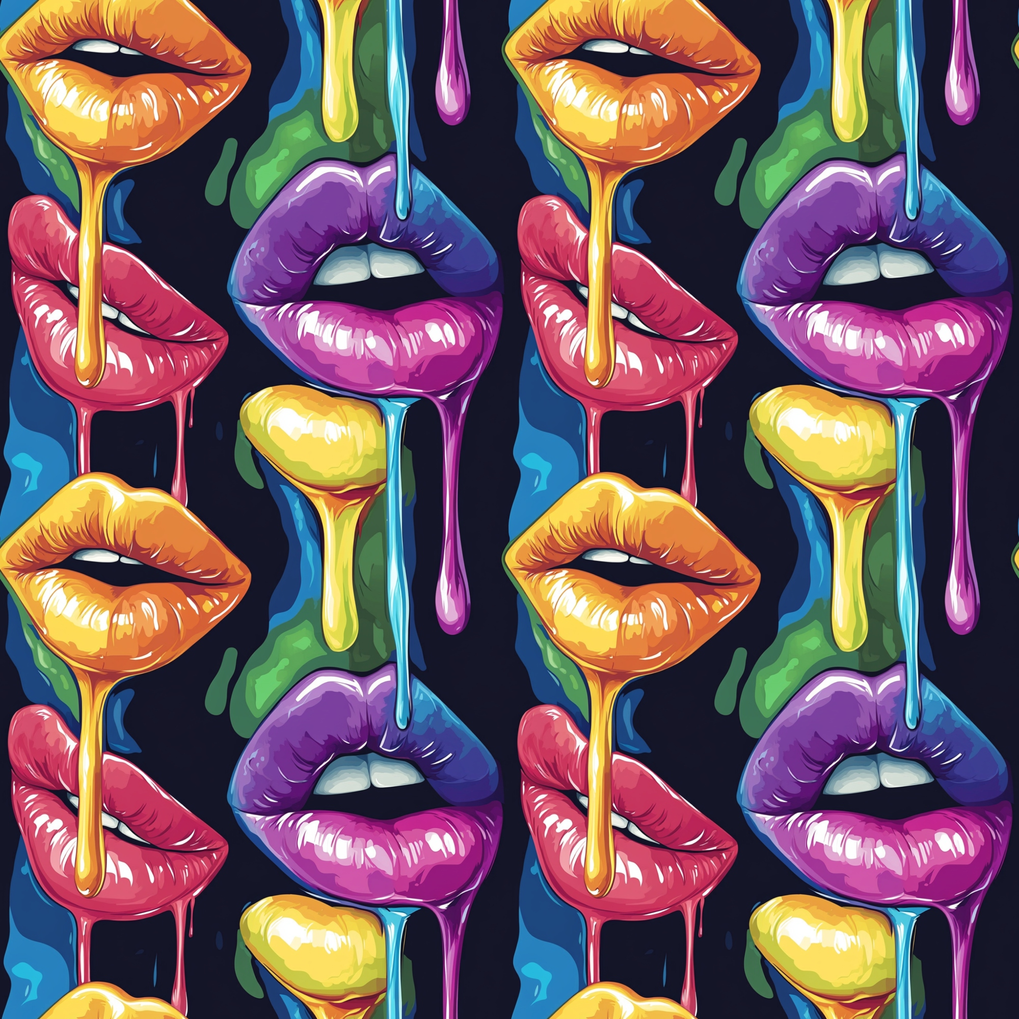 Colorful lips and drips pattern with vibrant hues of purple, pink, orange, yellow, green, and blue against a dark background.