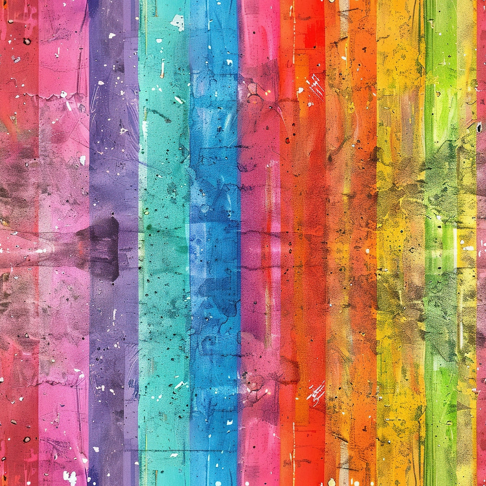 rainbow, grunge, distressed, weathered, pink, purple, turquoise, blue, orange, yellow, green, vertical stripes, paint splatter, textured, abstract, vibrant colors,, fabric panel, artistic, contemporary