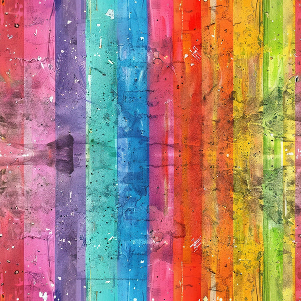 rainbow, grunge, distressed, weathered, pink, purple, turquoise, blue, orange, yellow, green, vertical stripes, paint splatter, textured, abstract, vibrant colors,, fabric panel, artistic, contemporary