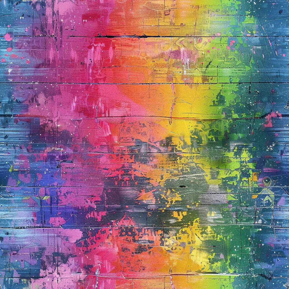 rainbow colors, grunge texture, distressed paint, vibrant spectrum, pink, orange, yellow, green, blue, purple, weathered wood, abstract design, artistic splatter, cotton fabric, quilting panel, modern art style, colorful gradient, paint drips, rustic planks, contemporary pattern