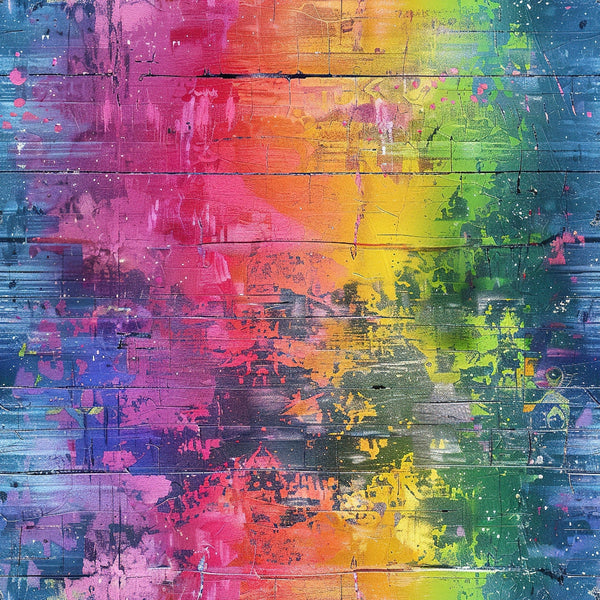 rainbow colors, grunge texture, distressed paint, vibrant spectrum, pink, orange, yellow, green, blue, purple, weathered wood, abstract design, artistic splatter, cotton fabric, quilting panel, modern art style, colorful gradient, paint drips, rustic planks, contemporary pattern