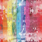 rainbow colors, grunge texture, distressed paint, vertical stripes, red, orange, yellow, green, blue, purple, pink, paint splatters, weathered wood, abstract design, vibrant hues,, fabric panel, artistic style, color spectrum, worn finish