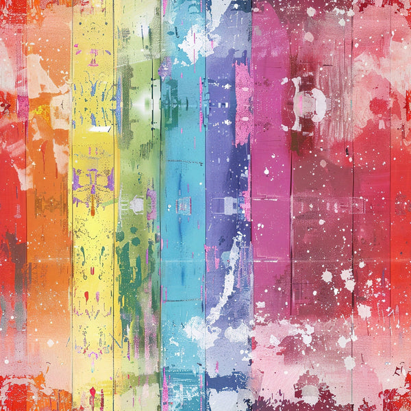 rainbow colors, grunge texture, distressed paint, vertical stripes, red, orange, yellow, green, blue, purple, pink, paint splatters, weathered wood, abstract design, vibrant hues,, fabric panel, artistic style, color spectrum, worn finish