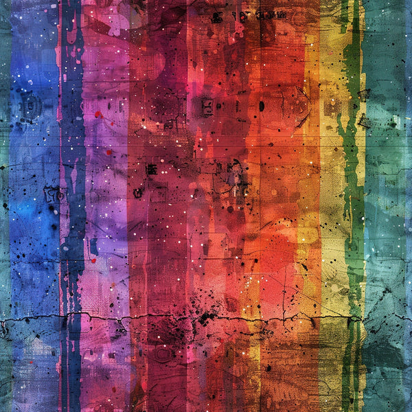rainbow colors, grunge texture, distressed background, blue tones, purple hues, magenta shades, red colors, orange tones, yellow accents, green hues, teal colors, weathered surface, paint splatters, cracked texture, vintage style, abstract pattern,, fabric panel, artistic design, colorful spectrum