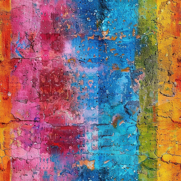 rainbow colors, grunge texture, distressed paint, cracked surface, peeling paint, weathered wall, abstract pattern, vibrant hues, pink paint, blue paint, yellow paint, orange paint, green paint, textured background, vintage weathering, artistic distressing,, fabric panel, colorful grunge, paint chips