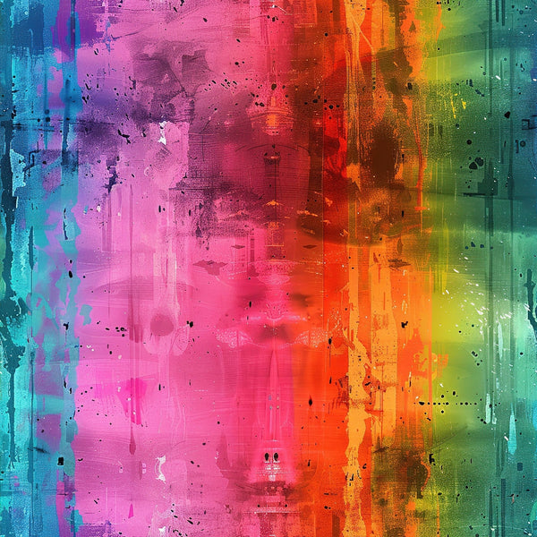 rainbow colors, grunge texture, distressed paint, abstract art, vibrant pink, electric blue, bright orange, lime green, purple hues, paint splatters, weathered surface, artistic drips, color gradient, modern abstract,, fabric panel, contemporary design, textured background, paint strokes, urban art style