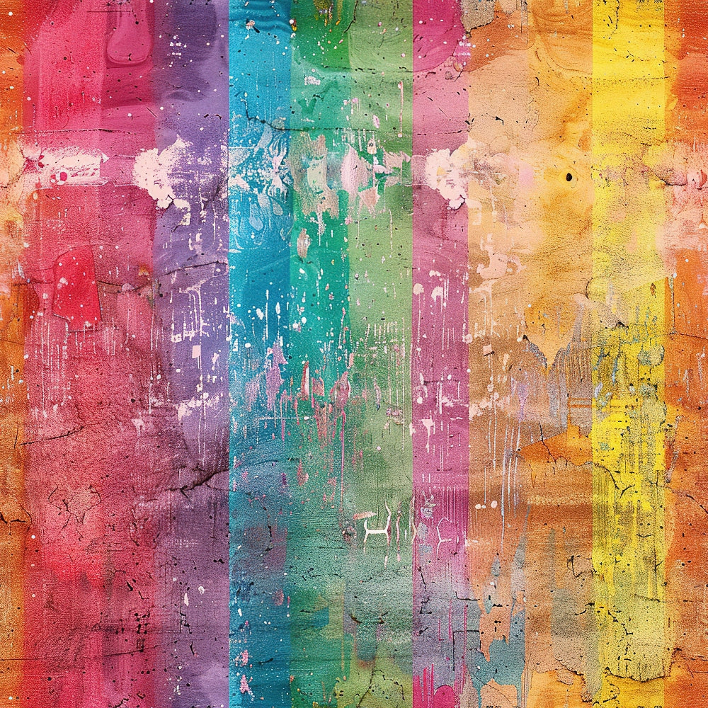 rainbow stripes, grunge texture, distressed paint, weathered surface, vertical bands, pink, purple, turquoise, green, yellow, orange, peeling paint, cracked surface, worn appearance,, fabric panel, abstract design, colorful spectrum, aged patina, textured background