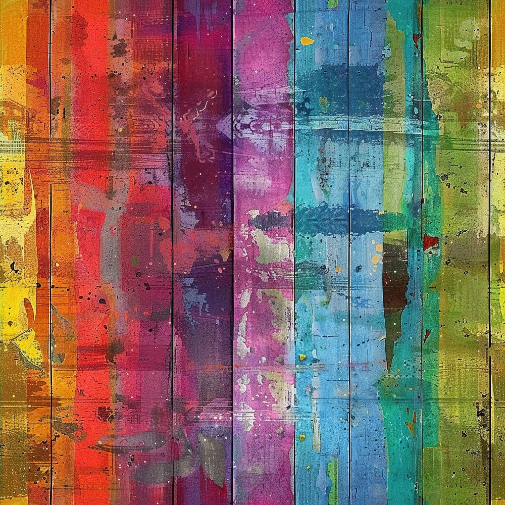 rainbow colors, grunge texture, distressed wood, weathered planks, vertical stripes, orange, red, purple, magenta, blue, turquoise, green, yellow, paint splatter, worn surface, rustic boards, aged wood,, fabric panel, vintage finish, peeling paint