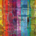 rainbow colors, grunge texture, distressed wood, weathered planks, vertical stripes, orange, red, purple, magenta, blue, turquoise, green, yellow, paint splatter, worn surface, rustic boards, aged wood,, fabric panel, vintage finish, peeling paint