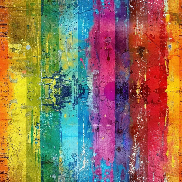 rainbow stripes, grunge texture, distressed paint, vertical bands, orange, yellow, green, turquoise, blue, magenta, purple, red, weathered surface, abstract design, cotton fabric, quilting panel, paint splatter, worn effect, colorful spectrum, artistic background