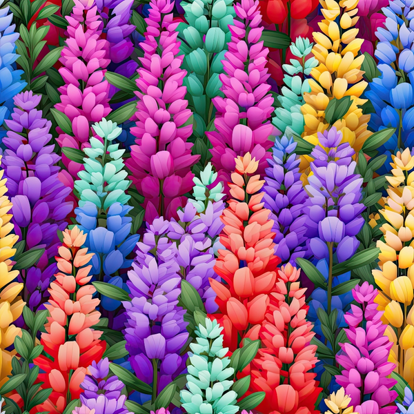 Illustration of vibrant lupines in diverse colors including pink, purple, blue, yellow, and red, with green leaves.