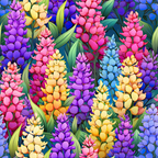 Colorful, dense pattern of cartoon lupine flowers in shades of purple, pink, blue, yellow, and orange surrounded by green leaves.
