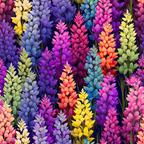 Colorful flowers in an array of hues including purple, pink, blue, red, yellow, and green, densely packed against a dark background.