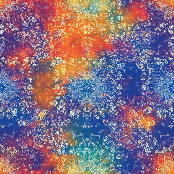 rainbow colors, mandala pattern, tie dye effect, bohemian style, spiritual motifs, kaleidoscope design, vibrant hues, orange, blue, purple, yellow, intricate linework, symmetrical pattern, meditation inspired, psychedelic art,, fabric panel, cosmic energy, flower mandalas, radial design, colorful gradient