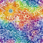 rainbow colors, mandala design, psychedelic pattern, swirling motifs, orange, yellow, green, blue, purple, pink, kaleidoscope effect, abstract florals, ornate details, bohemian style, vibrant hues, paisley elements, decorative swirls,, fabric panel, intricate artwork
