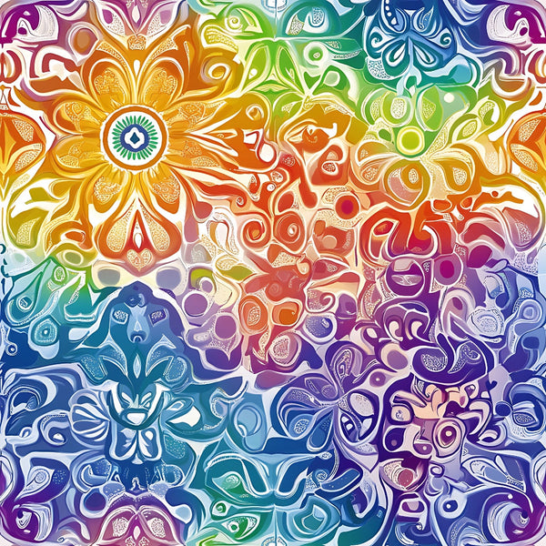 rainbow colors, mandala design, psychedelic pattern, swirling motifs, orange, yellow, green, blue, purple, pink, kaleidoscope effect, abstract florals, ornate details, bohemian style, vibrant hues, paisley elements, decorative swirls,, fabric panel, intricate artwork