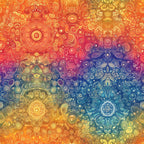 orange, red, blue, yellow, purple, mandala, rainbow gradient, circular patterns, geometric designs, bohemian, psychedelic, swirls, dots, ornate details,, fabric panel, vibrant colors, kaleidoscope, medallion motifs, artistic